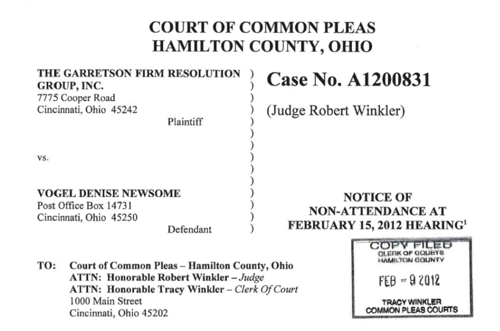 020912 Notice Of NonAttendance GARRETSON Resolution Group Lawsuit