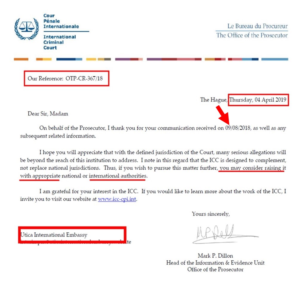 040419 Excerpt International Criminal Court Response To 090718 UIE Communication